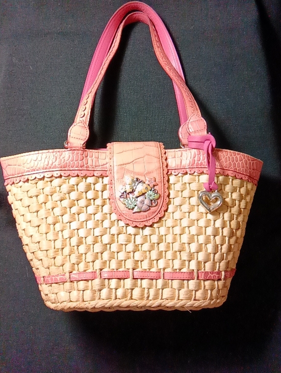 Brighton Handbags - Brighton Pink-Trim Woven Straw Tote with Heart Charm